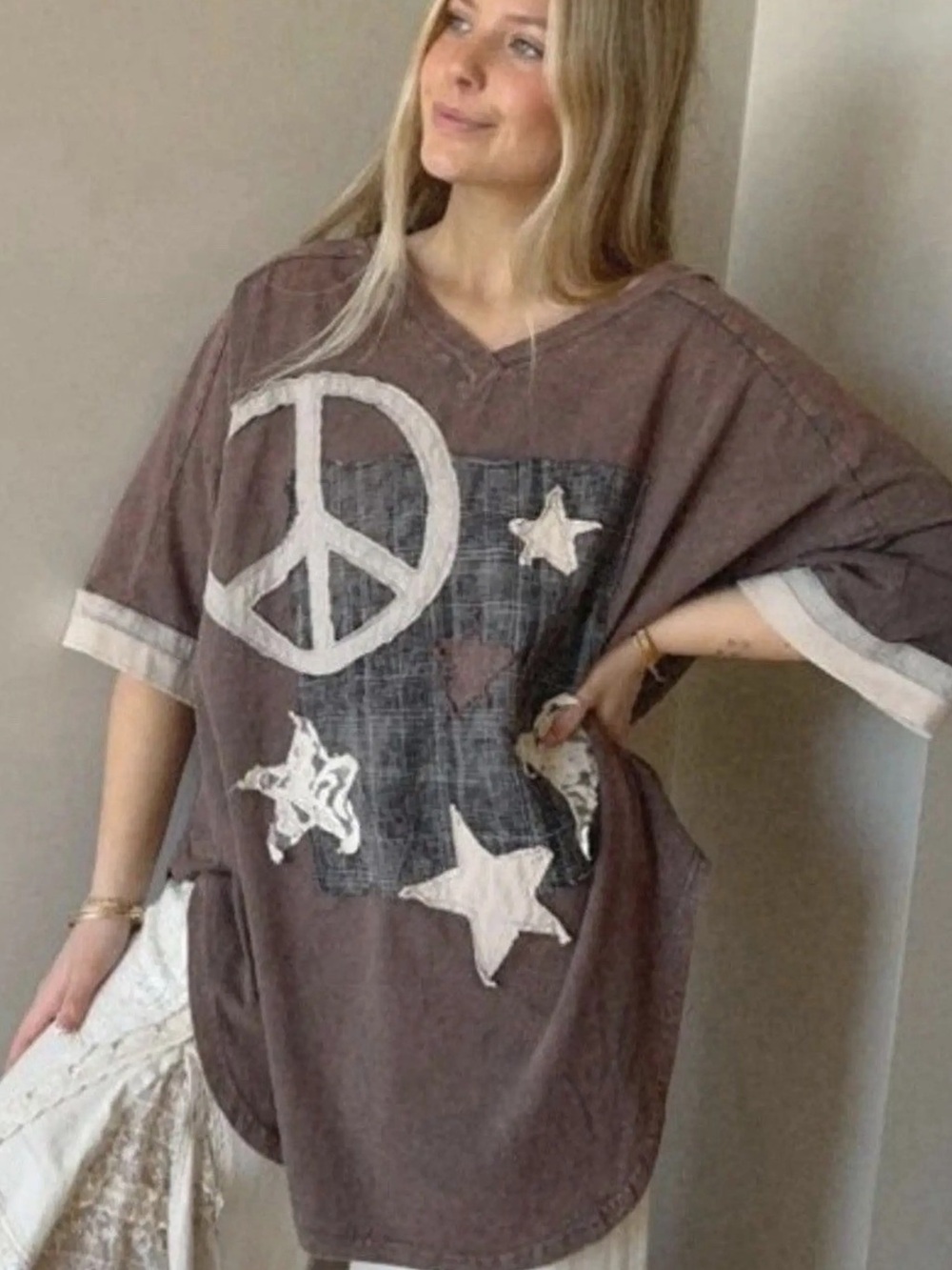 Oli & Hali S Brown Patchwork Peace Star Oversized Tunic Top with Pockets Boho